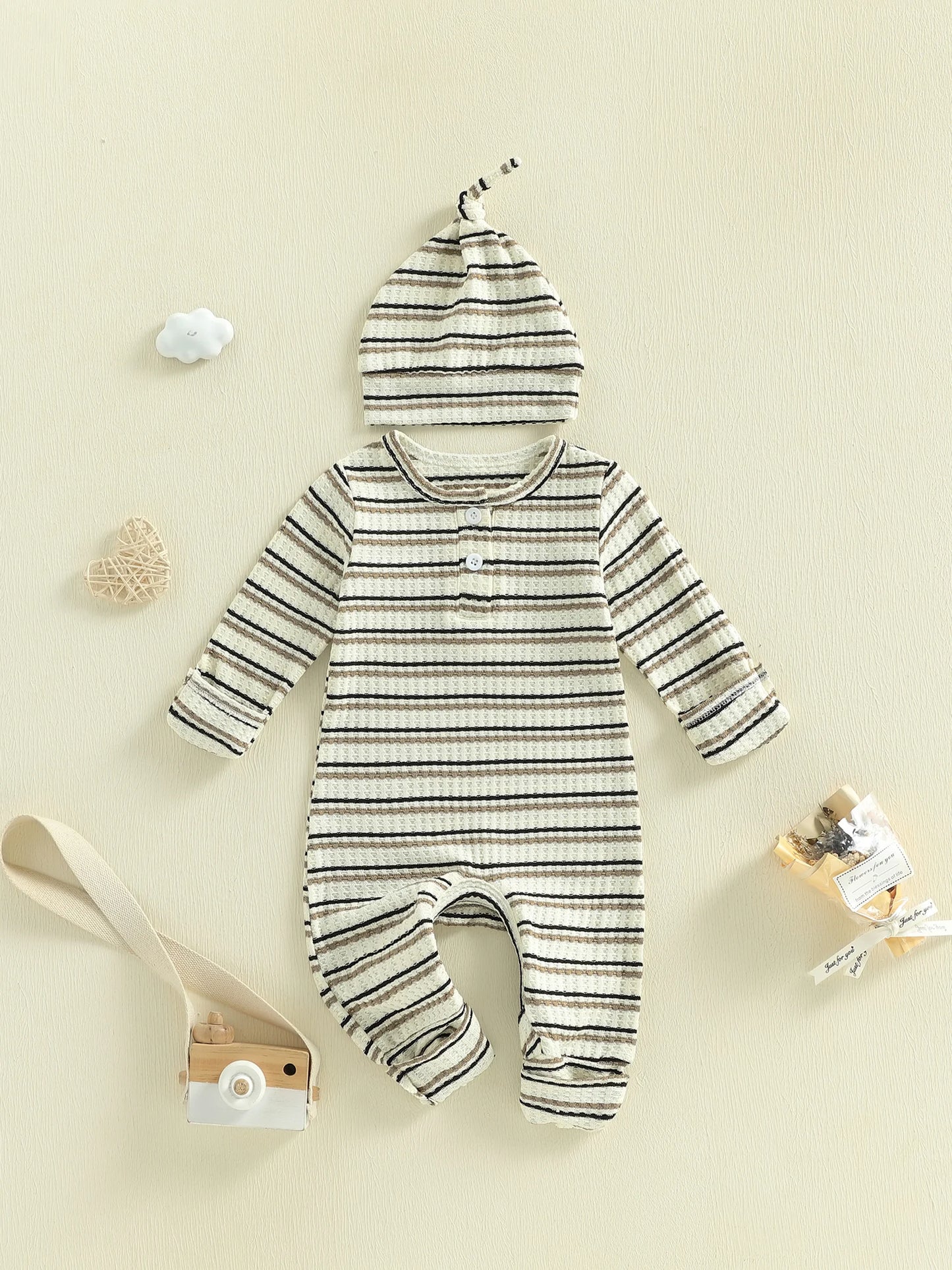 Baby Boy Girl 2Pcs Outfit Striped Long Sleeve Romper and Knotted Hat Spring Set