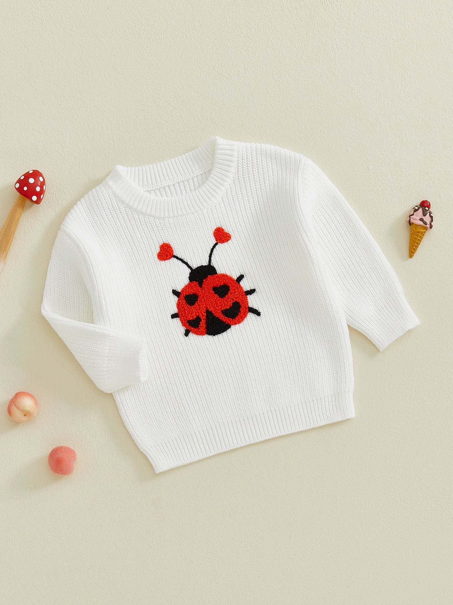 Baby Toddler Girls Autumn Knit Sweater Long Sleeve O Neck Ladybug Embroidery Pullover Knitwear Top