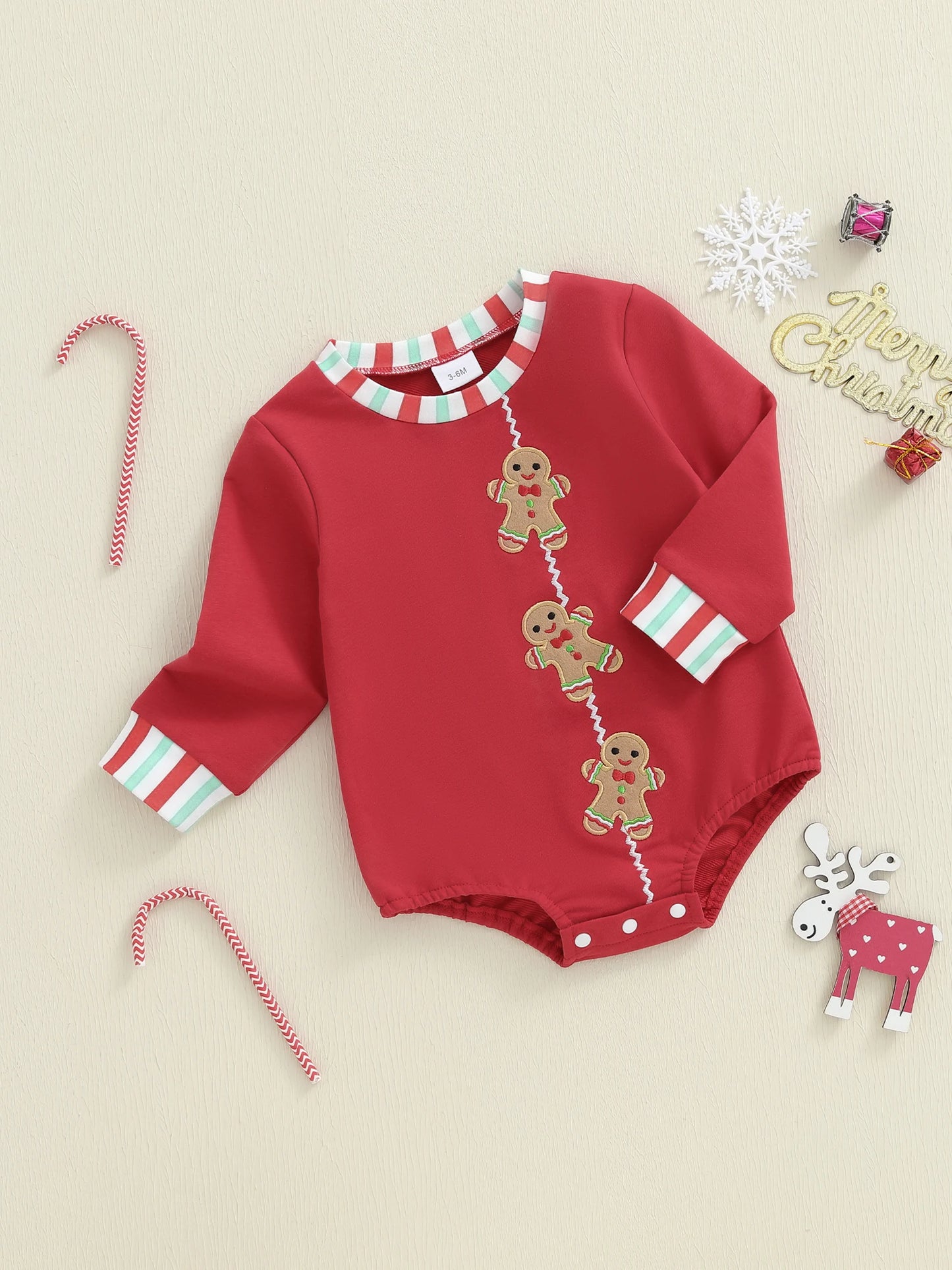 Baby Boys Girls Christmas Gingerbread Embroidery Romper Long Sleeve Crew Neck Bubble Infant Jumpsuit