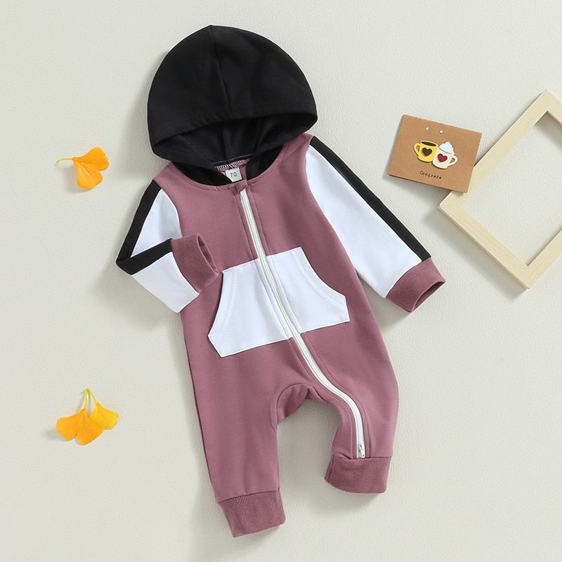 Baby Boy Girl Full Length Jumpsuit Contrast Color Hood Long Sleeve Romper with Zipper