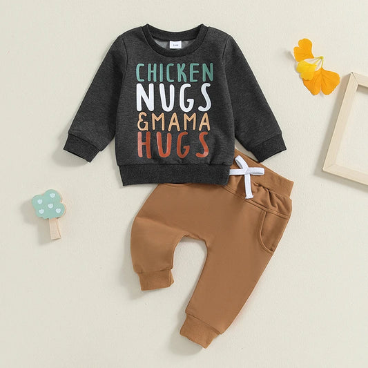 Baby Toddler Boys 2Pcs Chicken Nugs & Mama Hugs Letter Print Long Sleeve Top and Elastic Pants Outfit Set