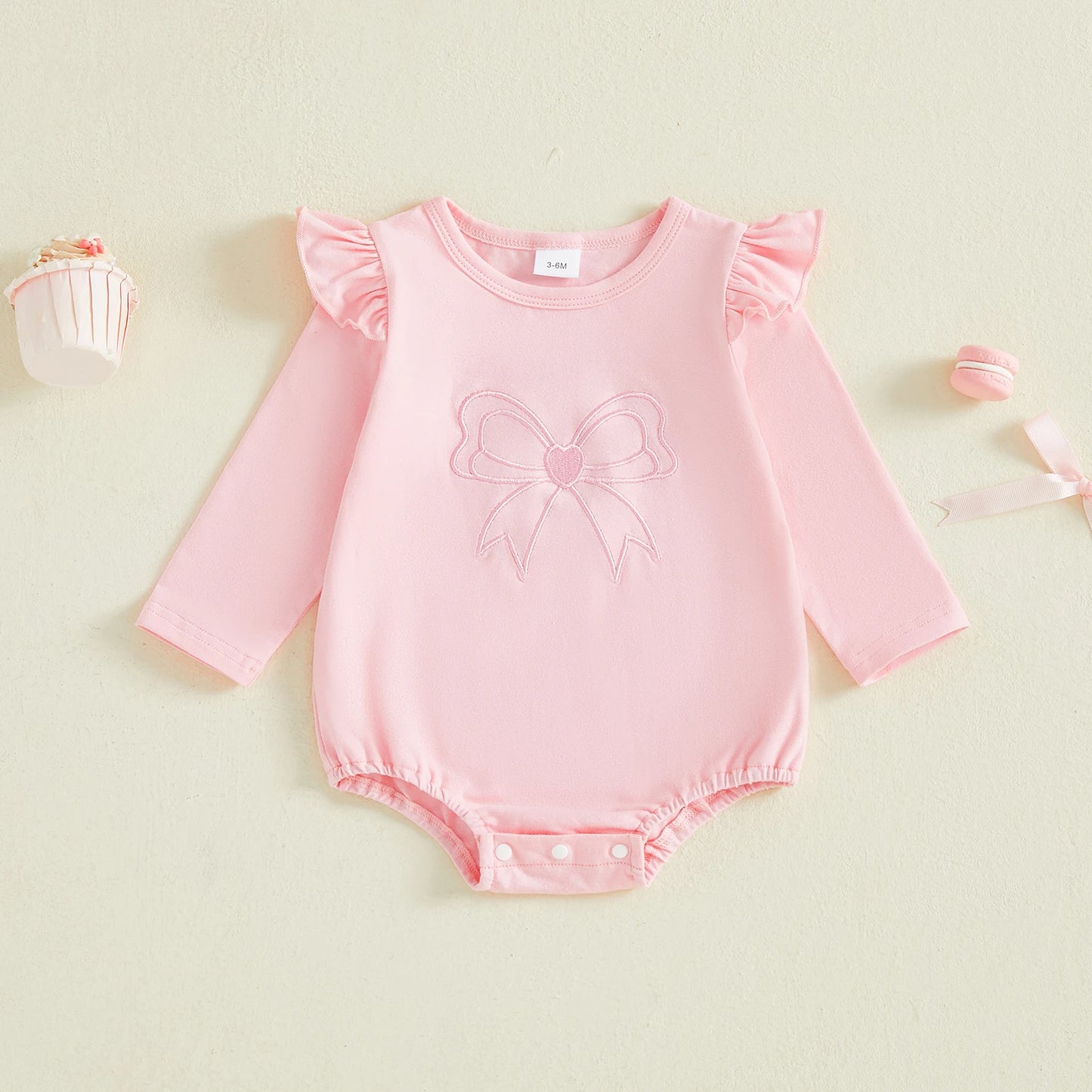 Baby Girl Romper Long Sleeve Crew Neck Bow Embroidery Ruffle Bodysuit Spring