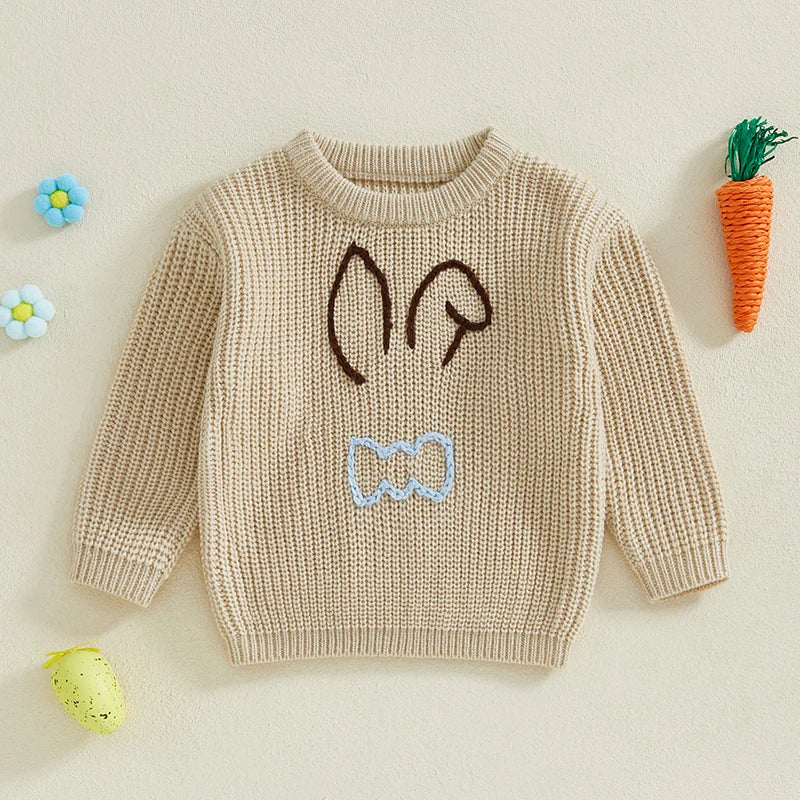 Baby Toddler Kids Girl Boy Children Bunny Rabbit Ears Flowers Bowtie Sweater Easter Clothes Long Sleeve Casual Knit Pullover Top