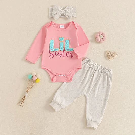 Baby Girls 3Pcs Lil Sister Outfit Letter Embroidery Long Sleeve Romper and Elastic Waist JOgger Pants Headband Bow Set