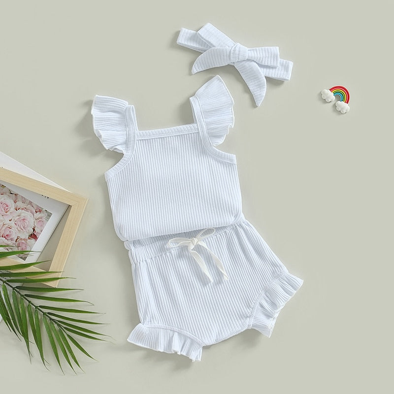 Baby Toddler Girls 3Pcs Flutter Sleeve Solid Romper Tops Drawstring Short Pants Headband Outfit