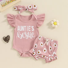 Load image into Gallery viewer, Baby Girls 3Pcs Daddy&#39;s Girl / Auntie&#39;s Bestie Letter Print Short Sleeve Romper Floral Flowers Ruffle Shorts Headband Set Outfit
