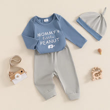 Load image into Gallery viewer, Baby Boys 3Pcs Mommy&#39;s Little Peanut Outfit Letter Elephant Print Long Sleeve Romper and Elastic Pants Hat Set
