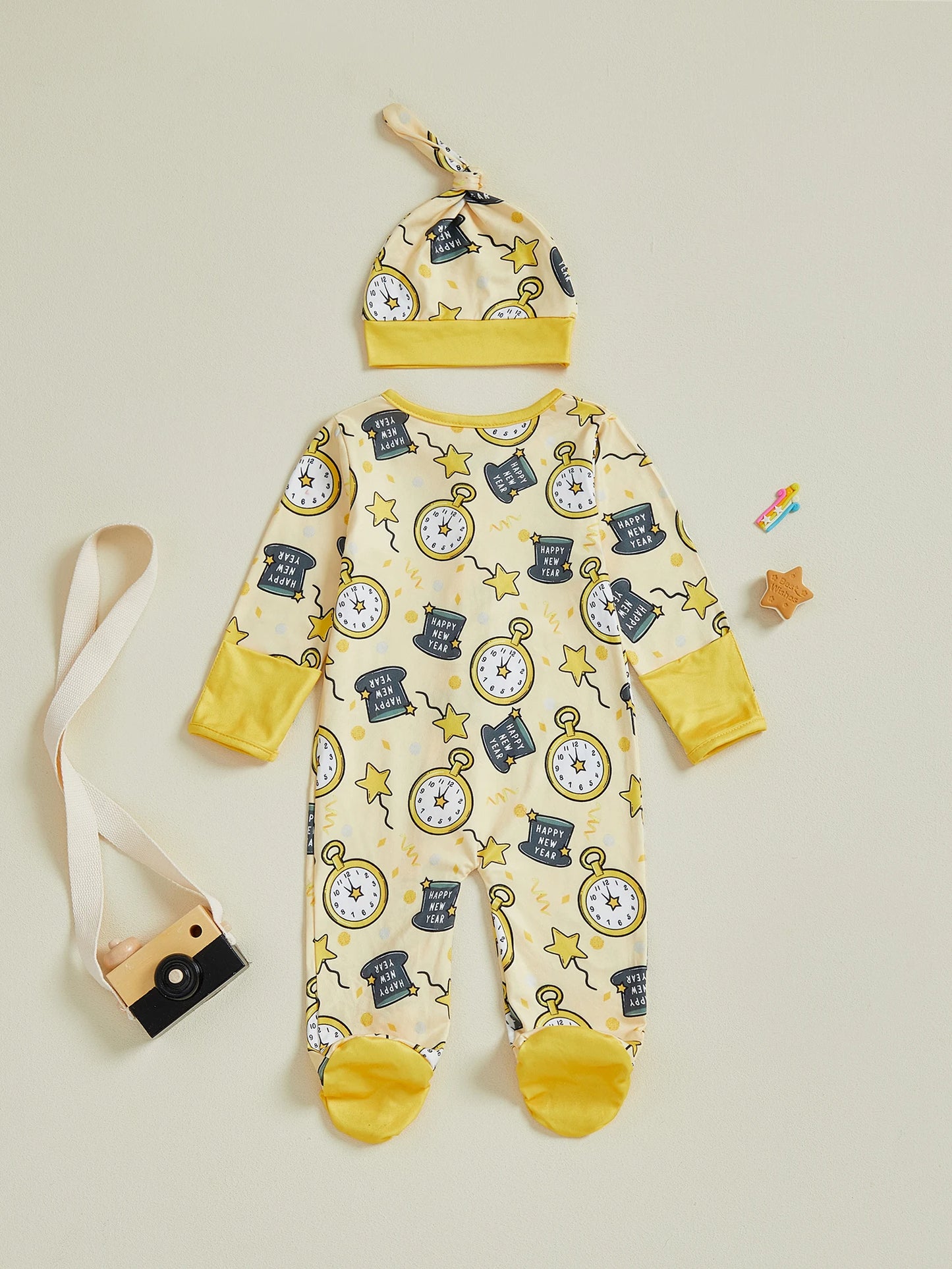 Baby Boy Girl 2Pcs Happy New Year Outfits Cute Long Sleeve Round Neck Hat Clock Print Footed Jumpsuit and Hat Set