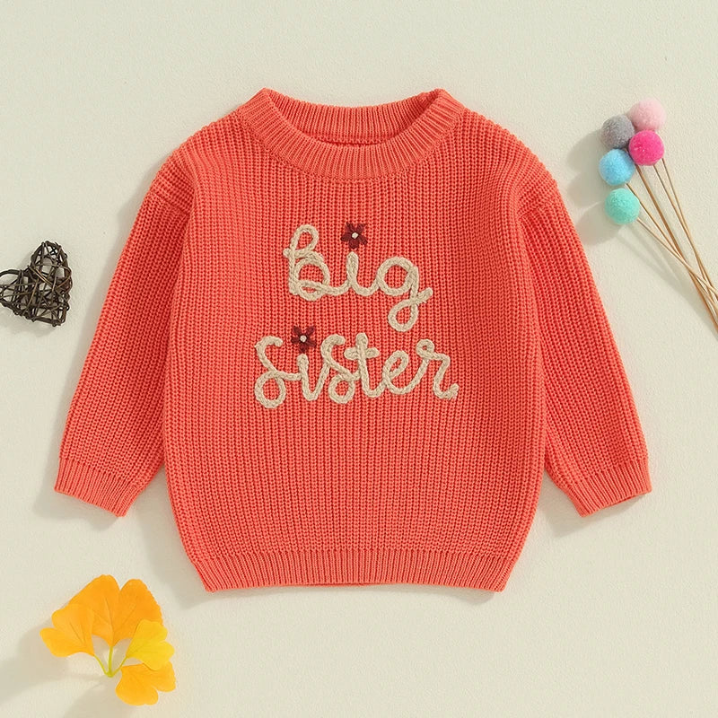 Baby Toddler Kids Girls Big Sister Autumn Winter Knit Sweater Long Sleeve O Neck Letter Embroidery Pullover Knitwear Top