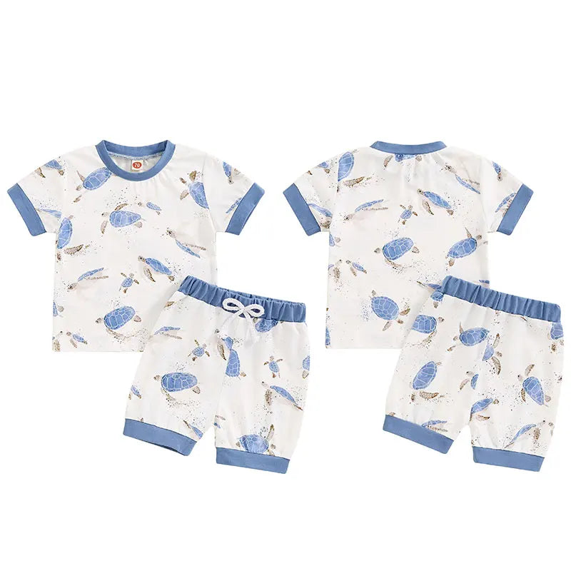 Baby Toddler Boys 2Pcs Summer Outfit Ocean Turtle Print Short Sleeve Top Elastic Waist Shorts Clothes Set