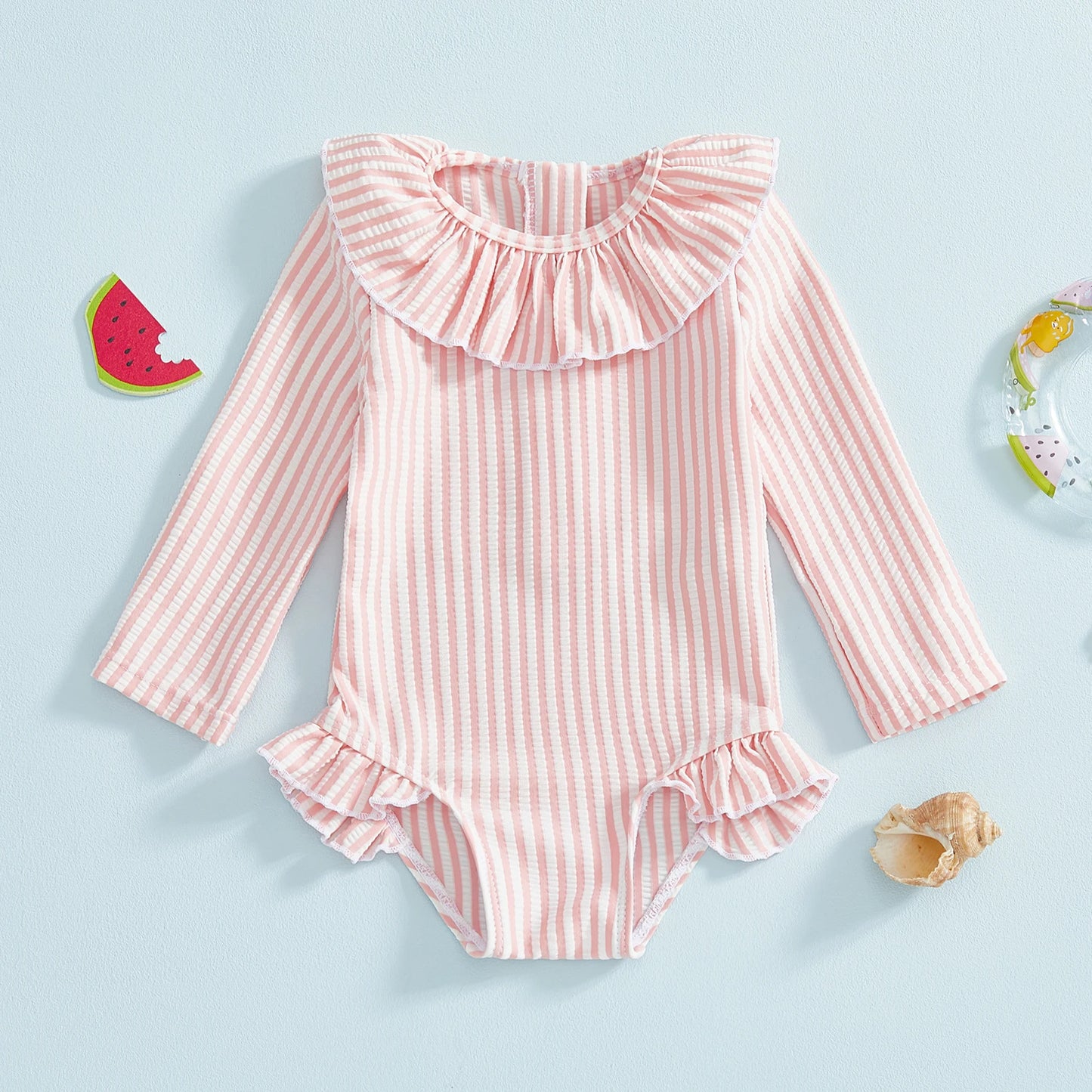 Baby Toddler Girl Rash Guard Swimsuit Long Sleeve Ruffled Collar Striped Swimwear Bathing Suit for Beach Pool