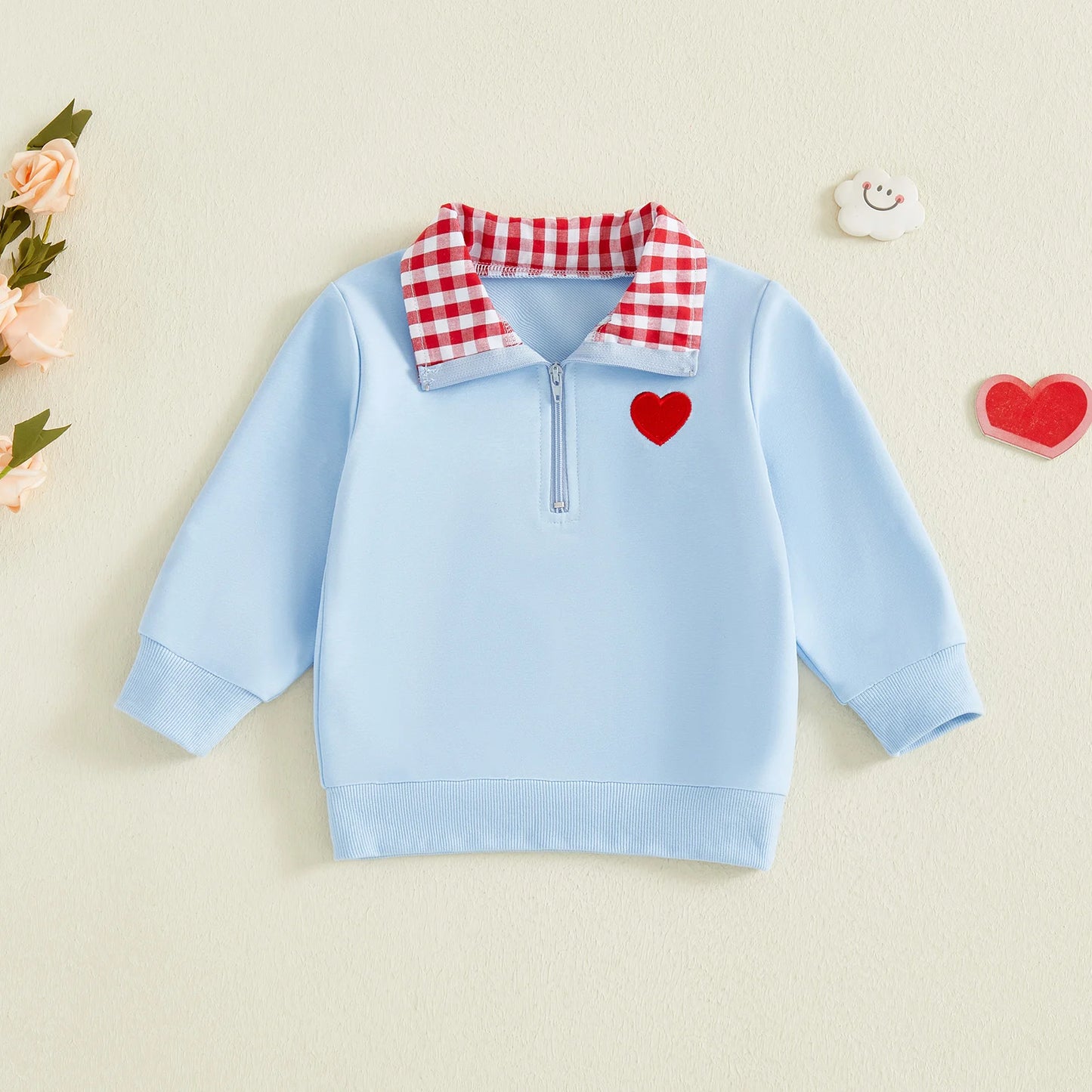 Baby Toddler Boys Girls Long Sleeve Plaid Collar Embroidery Heart Tops for Valentine Day