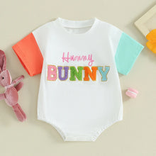 Load image into Gallery viewer, Baby Boy Girl Easter Hunny Bunny Embroidery Short Sleeve Contrast Color Romper Crewneck Jumpsuit
