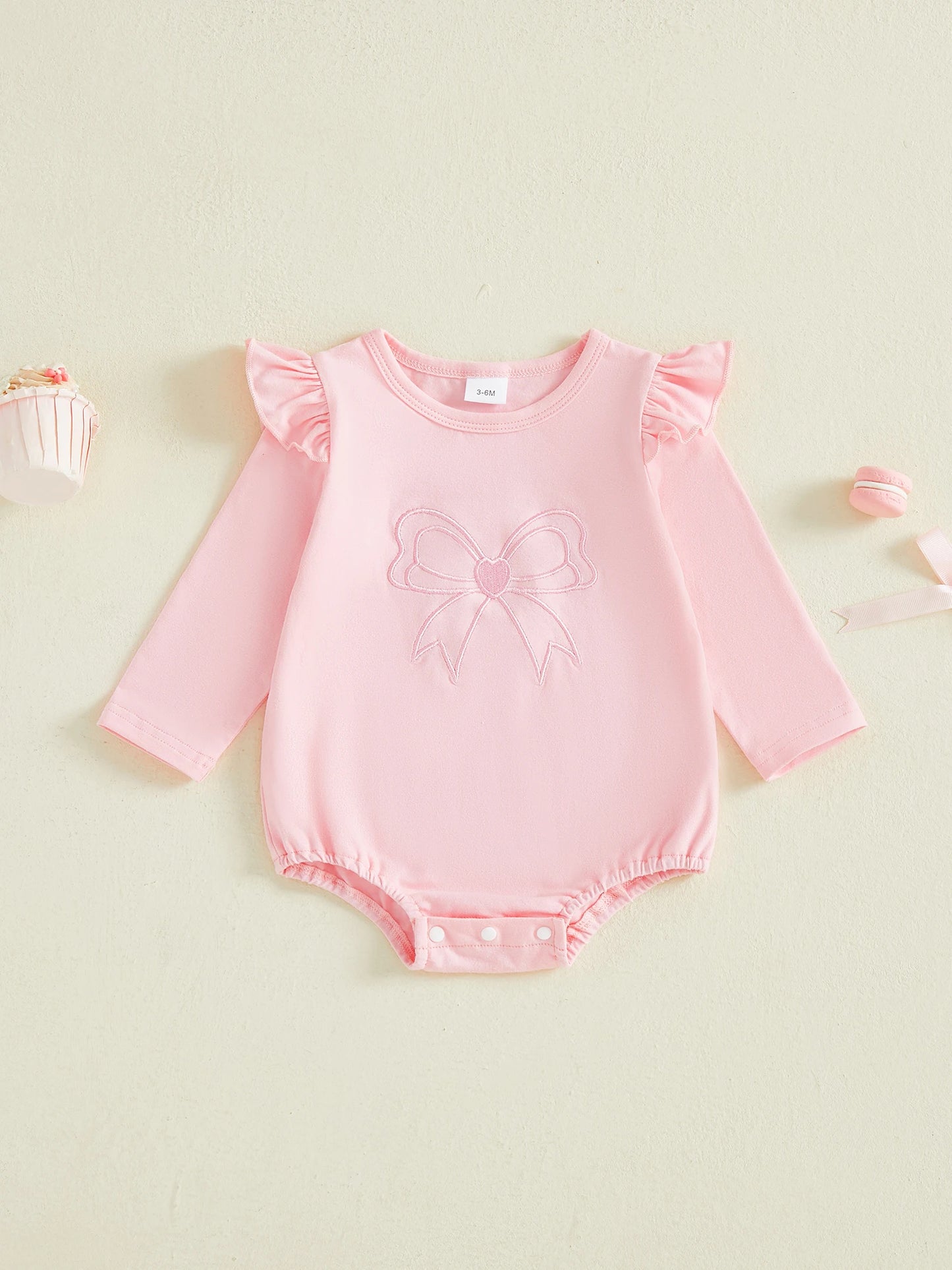 Baby Girl Romper Long Sleeve Crew Neck Bow Embroidery Ruffle Bodysuit Spring