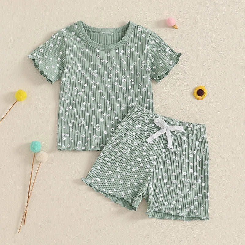 Baby Toddler Girls 2Pcs Flower Set Short Sleeve T-shirt Top With Shorts Floral Outfit