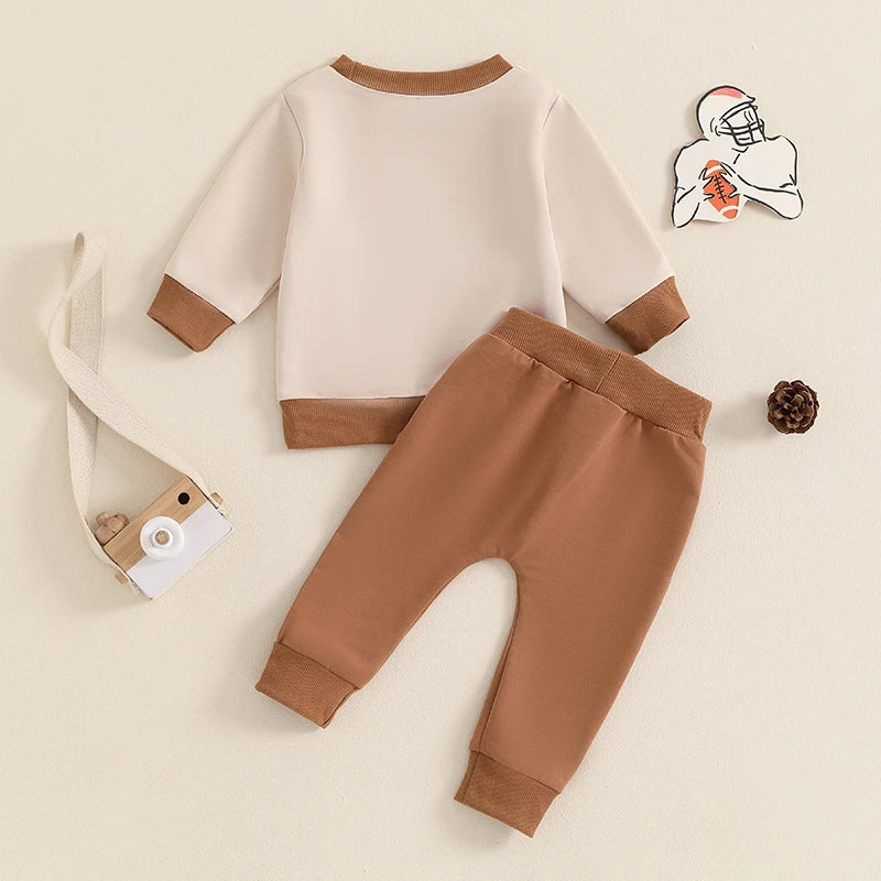 Baby Toddler Boys 2Pcs Game Day Set Long Sleeve Crew Neck Letter Football Print Top with Elastic Waist Pants Outfit