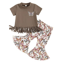 Load image into Gallery viewer, Toddler Kids Baby Girls 2Pcs Spring Summer Clothes Set Short Sleeve Tassel Hem T-shirt Butterfly Print Flared Pants Outfit
