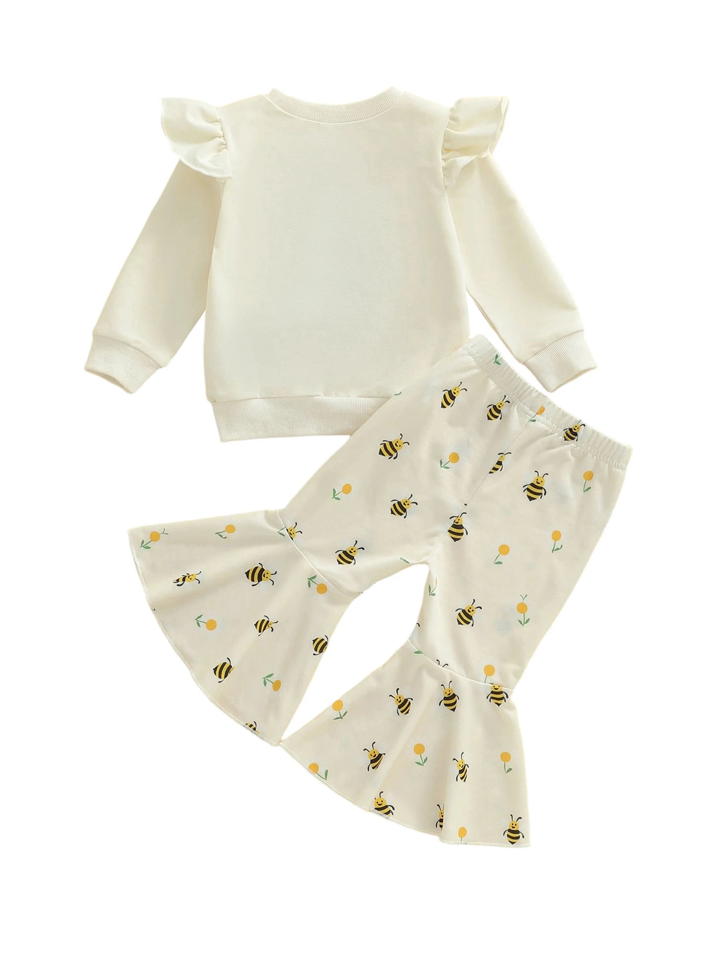 Baby Toddler Girls 2Pcs Pants Sets Long Sleeve O Neck Bear Embroidery Top Bee Print Flared Pants
