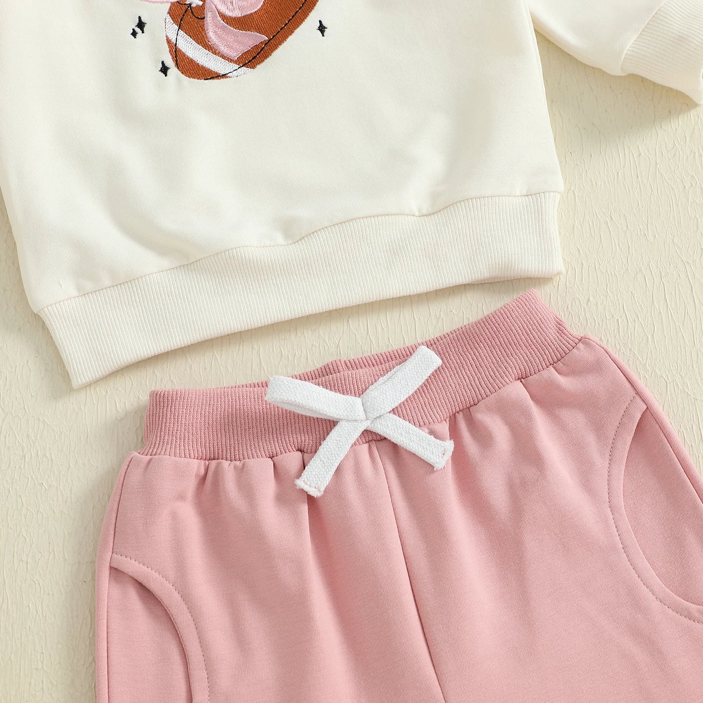 Baby Toddler Girls 2Pcs Game Day Fall Outfits Long Sleeve Bow Football Embroidery Top Jogger Pants Set Clothes