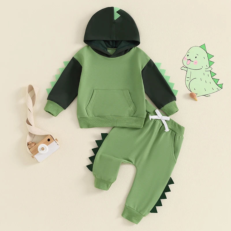 Baby Toddler Boys 2Pcs Dinosaur Outfit Contrast Color Long Sleeve Hoodie Top Elastic Waist Pants Set