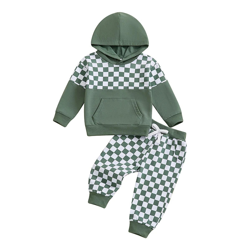 Baby Toddler Boys 2Pcs Outfit Checker Print Long Sleeve Hooded Top Hoodie with Elastic Waist Long Pants Jogger Set