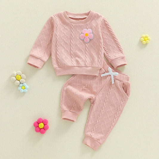 Baby Toddler Girls 2 Piece Outfits Creative Flower Embroidery Long Sleeve Crew Neck Top and Elastic Waist Pants Jogger Set