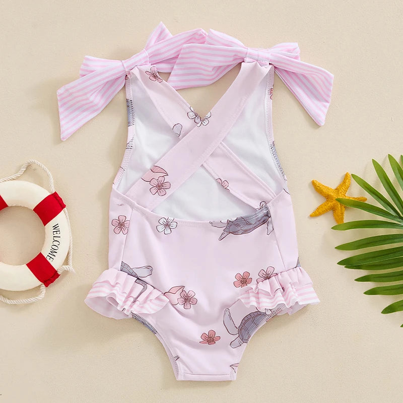 Toddler Kids Girl Summer Swimwear Sleeveless Floral/Turtle Print Ruffle Monokini Swimsuits Bathing Suit Romper