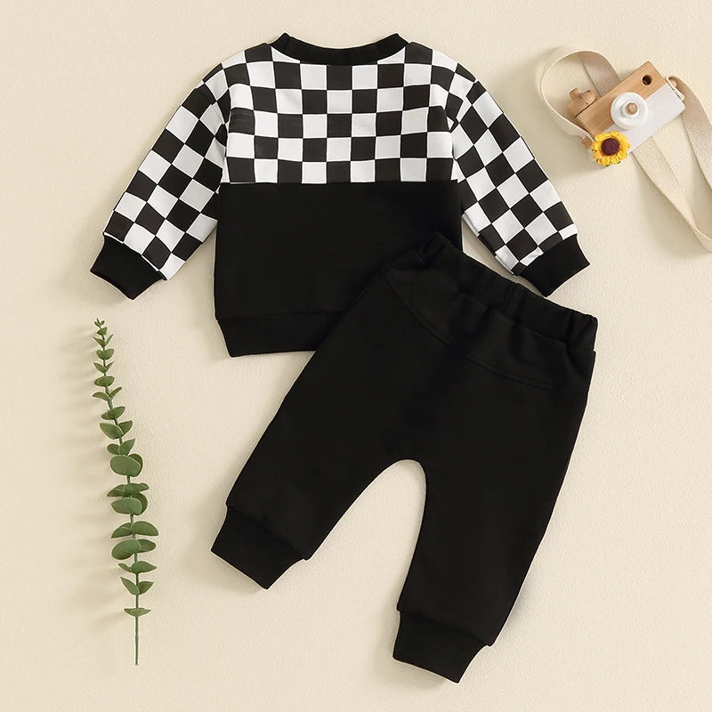 Baby Toddler Boys 2Pcs Fall Clothes Checkerboard Print Long Sleeve Pocket Top with Solid Color Long Pants Outfit Set