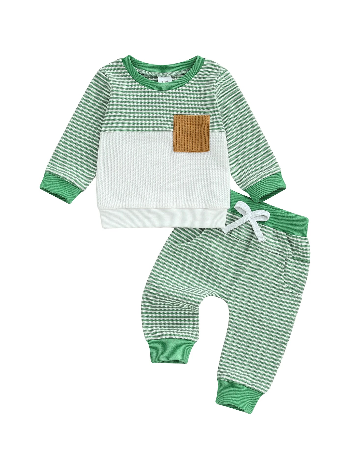 Baby Toddler Boys 2Pcs Fall Waffled Outfits Stripe Pocket Long Sleeve Round Neck Pullover + Elastic Waist Pants Jogger Set