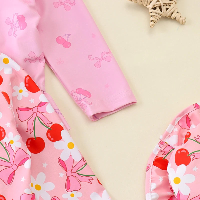 Baby Toddler Girls 2Pcs Rash Guard Swimsuit with Hat Bow Floral Print Zip Up Long Sleeve Crew Neck Swimwear Bathing Suit Set
