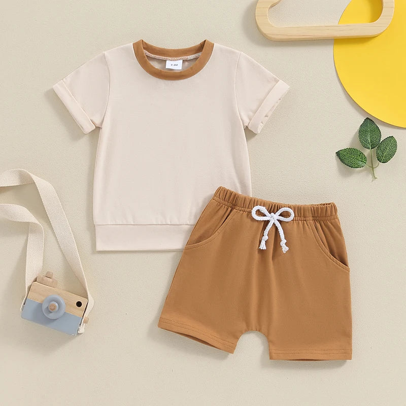 Baby Toddler Boys 2Pcs Summer Outfit Patchwork Round Neck Short Sleeve Top Elastic Waist Shorts Clothes Set