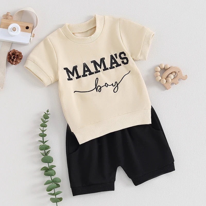 Baby Toddler Boy 2Pcs Mama's Boy Outfit Short Sleeve Letter Embroidery Top + Shorts Set