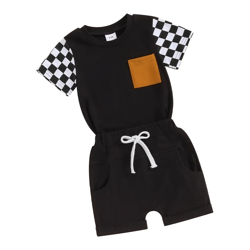 Baby Toddler Boys 2Pcs Summer Clothing Sets Short Sleeve Checkerboard Print Top and Drawstring Shorts Outfit