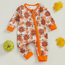 Load image into Gallery viewer, Baby Boys Girls Thanksgiving Romper Turkey Print Contrast Color Checkered Long Sleeve Fall Jumpsuit
