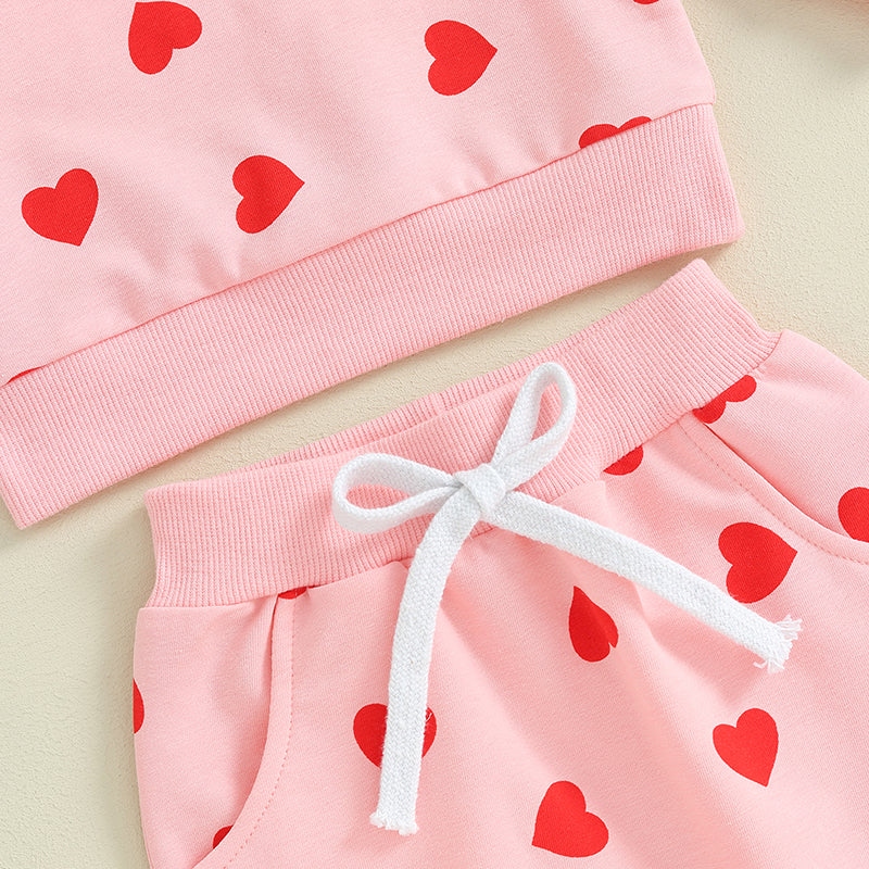 Baby Toddler Girls 3Pcs Valentine's Day Set Long Sleeve Heart Print Top Jogger Pants Headband Set