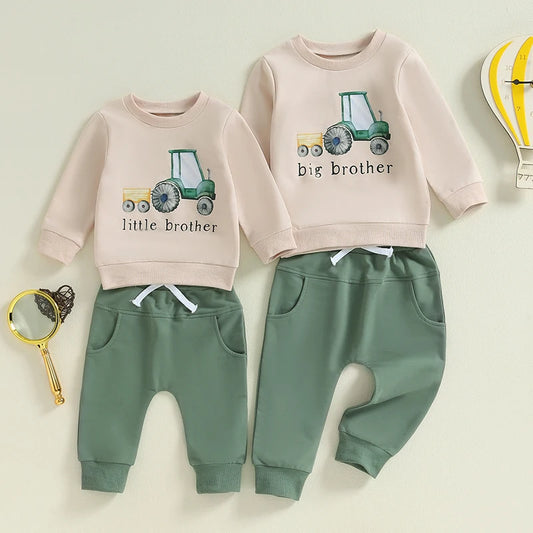 Baby Toddler Boys 2Pcs Big / Little Brother Matching Siblings Autumn Outfit Long Sleeve O Neck Letter Tractor Print Top Solid Color Pants Set