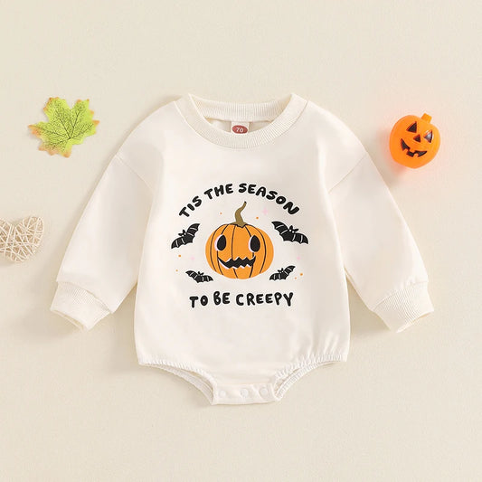 Baby Girl Boy Tis The Season To Be Creepy Halloween Romper Pumpkin Bat Print Long Sleeve Bubble Jumpsuit for Fall