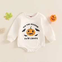 Load image into Gallery viewer, Baby Girl Boy Tis The Season To Be Creepy Halloween Romper Pumpkin Bat Print Long Sleeve Bubble Jumpsuit for Fall
