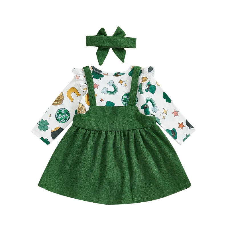 Baby Girls 3Pcs St. Patrick's Day Outfit Cartoon Print Ruffles Long Sleeve Romper and Four Leaf Clover Suspender Skirt Dress Headband Set