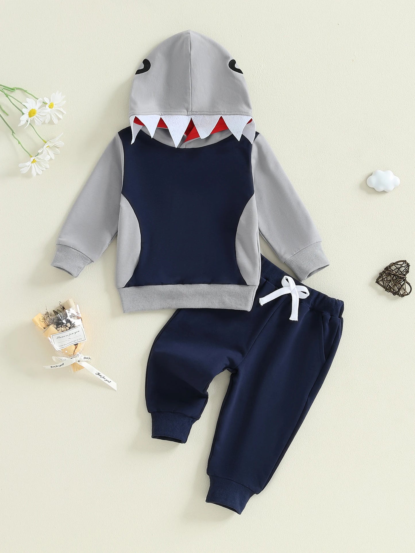 Baby Toddler Boys 2Pcs Fall Outfit Shark Pattern Long Sleeve Hoodie Elastic Waist Pants Jogger Set