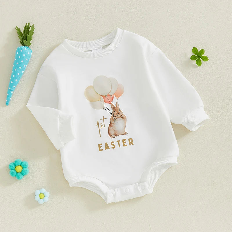 Baby Boys Girls My First 1st Easter Bubble Romper Bunny Rabbit Letter Pattern Long Sleeve Crew Neck Jumpsuit