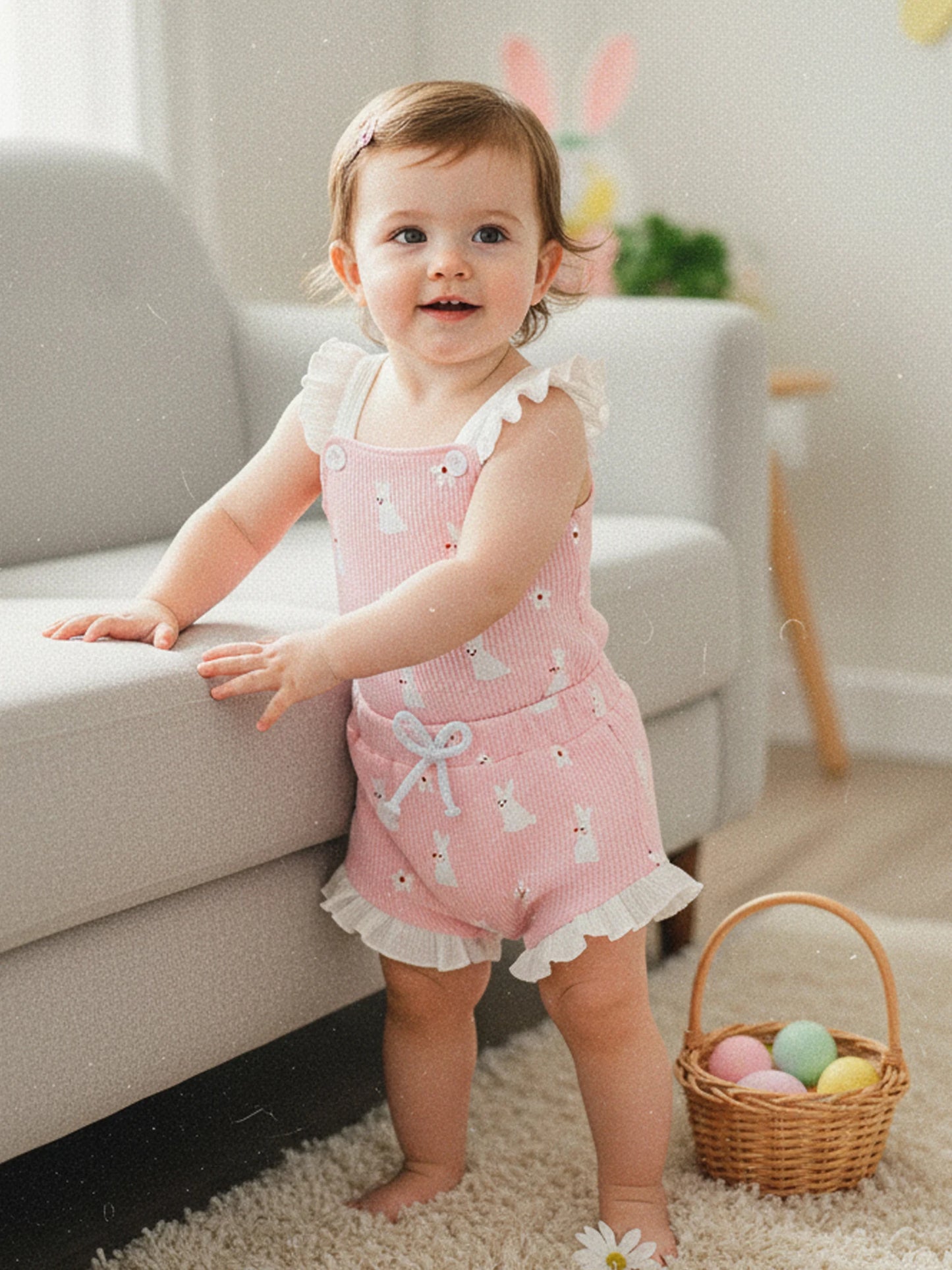 Baby Girl 2Pcs Easter Outfit Square Neck Ruffle Sleeveless Bunny Floral Print Romper Elastic Waist Bloomer Shorts Set