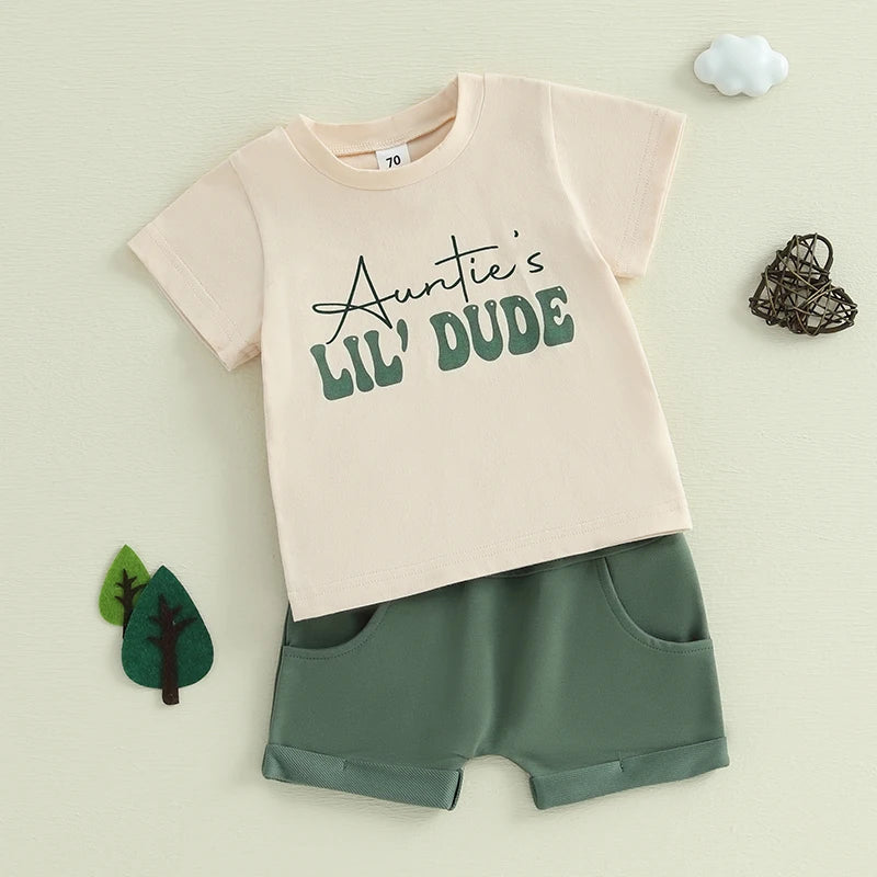 Baby Toddler Boys 2Pcs Auntie's Lil Dude Summer Outfit Letter Print Round Neck Short Sleeve Top with Solid Color Shorts Set