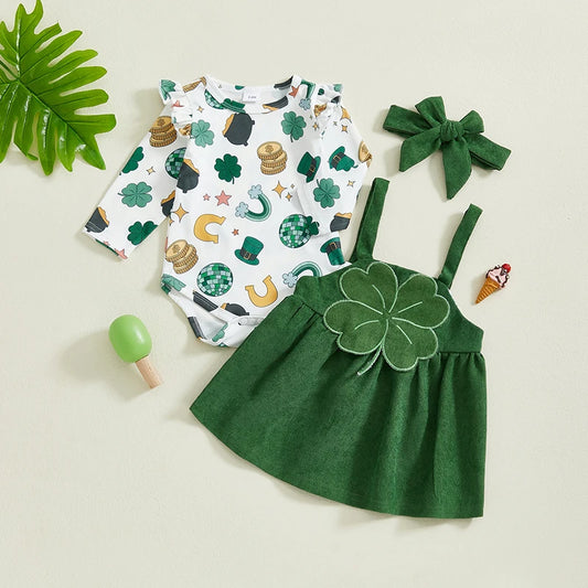 Baby Girls 3Pcs St. Patrick's Day Outfit Cartoon Print Ruffles Long Sleeve Romper and Four Leaf Clover Suspender Skirt Dress Headband Set