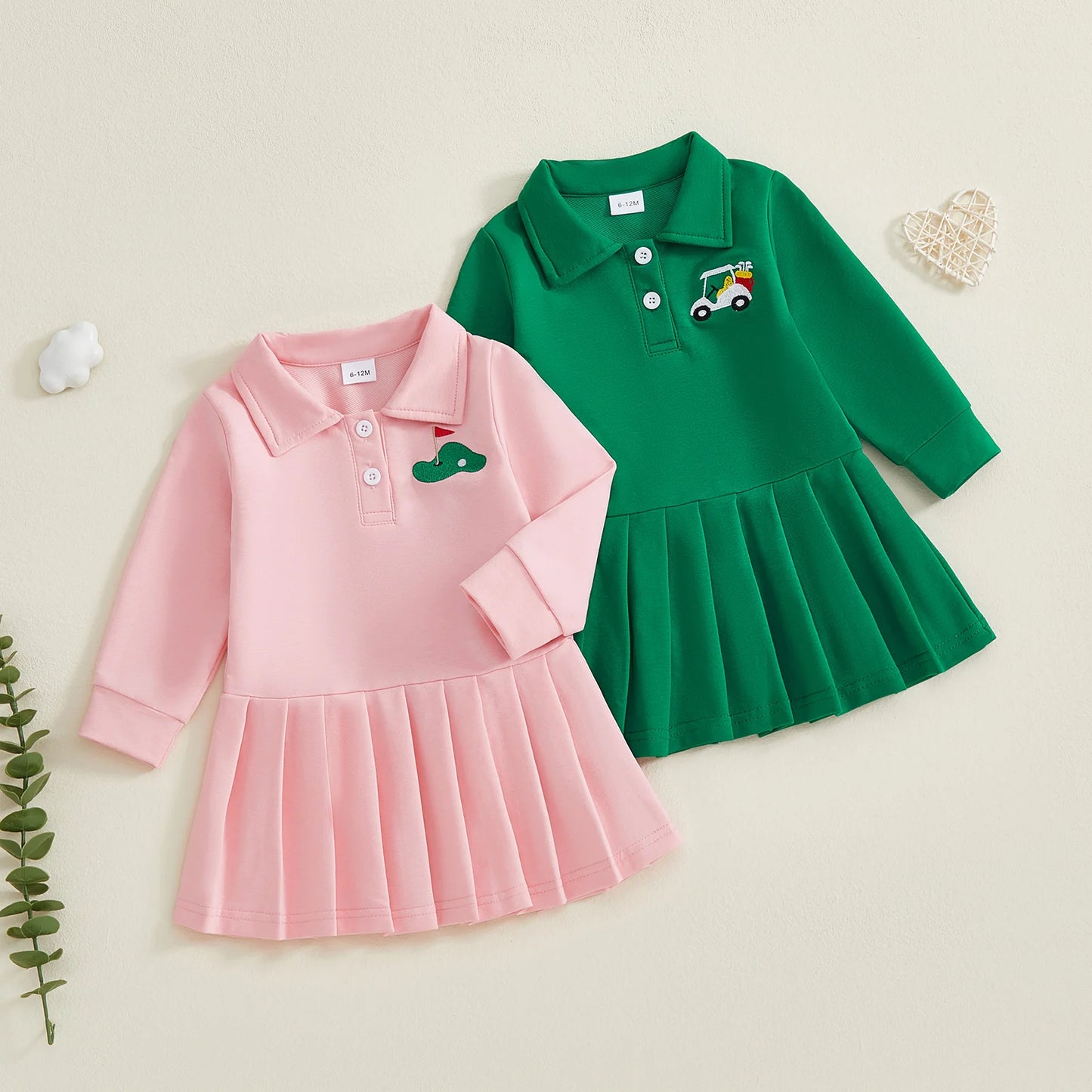 Baby Toddler Girls Casual Dress Long Sleeve Button Closure Embroidery Golf Cart Pleated Fall Dress