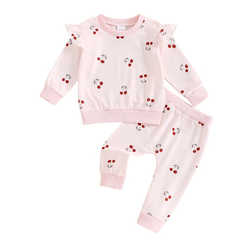 Baby Toddler Girls 2Pcs Fall Outfit Cherry Print Round Neck Long Sleeve Top Elastic Waist Pants Set