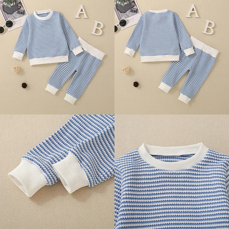 Baby Toddler Boys 2Pcs Fall Outfit Waffle Stripe Long Sleeve Top and Long Pants Set