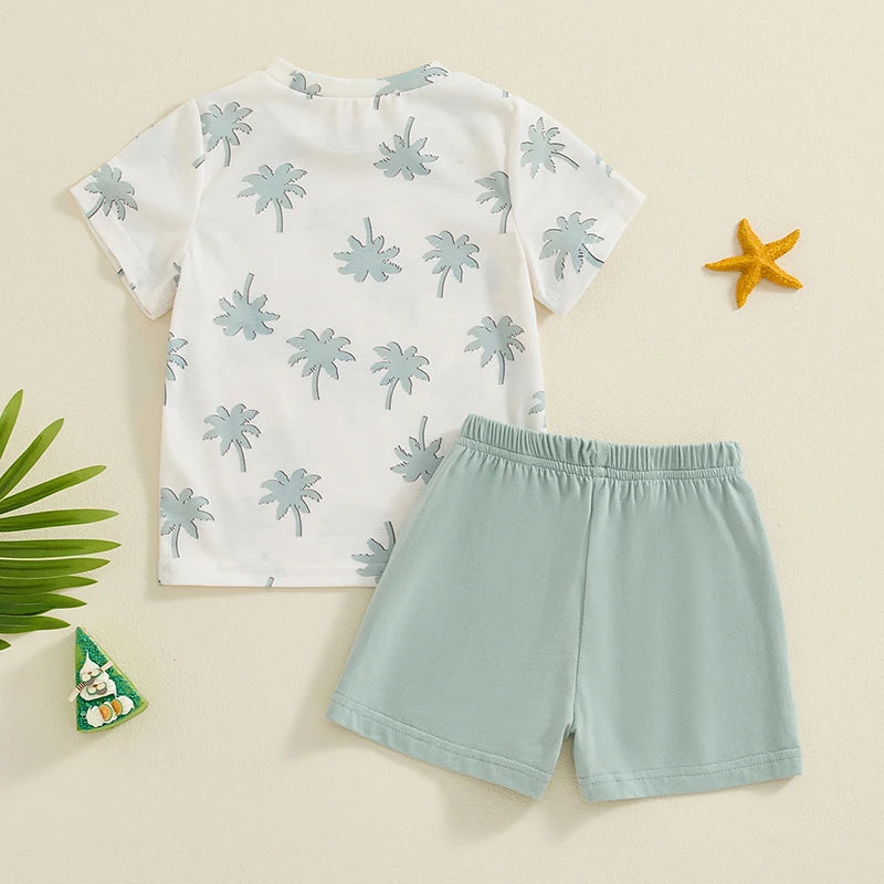 Baby Toddler Boys 2Pcs Summer Outfit Short Sleeve Palm Tree Print Top and Drawstring Shorts Set