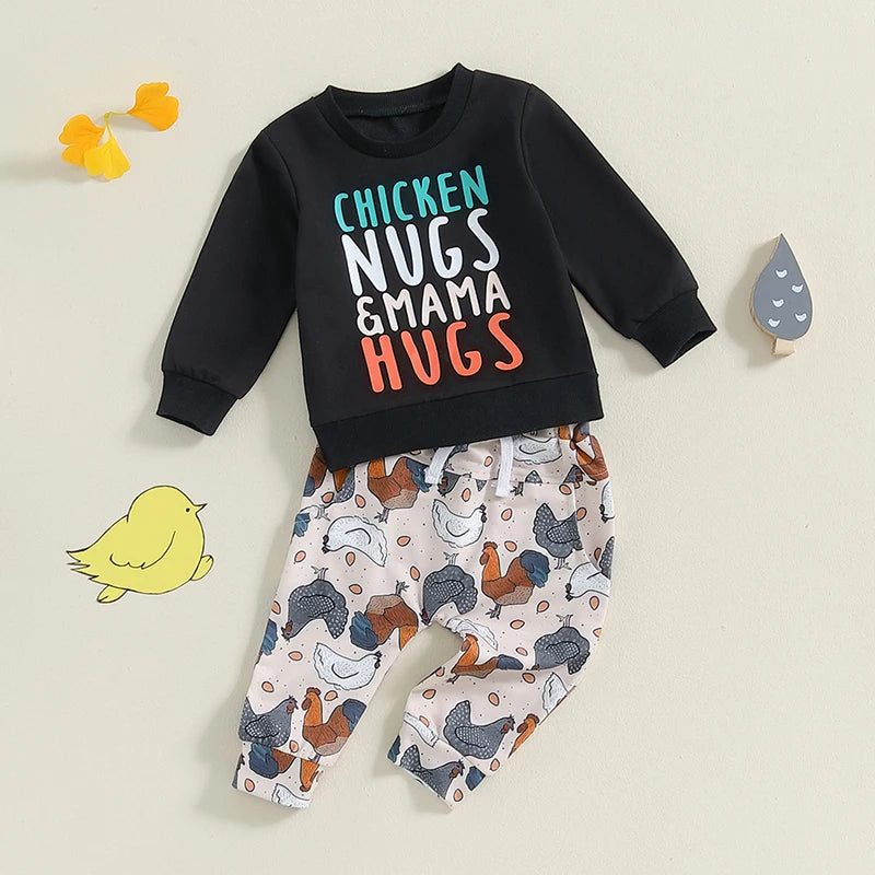 Baby Toddler Boys 2Pcs Chicken Nugs & Mama Hugs Autumn Outfit Long Sleeve Crew Neck Letter Print Top Chicken Print Pants Set