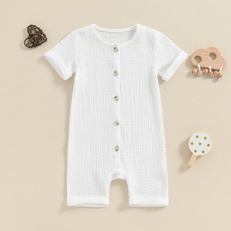 Baby Boys Girls Summer Short Sleeve Romper Solid Color Front Button Jumpsuit